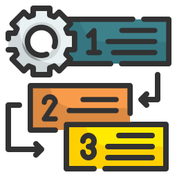 an icon depicting a process with a gear and showing steps leading to one another