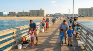A diverse group of families, including adults and children, enjoying a sunny day fishing together on the wooden Virginia Beach fishing pier.